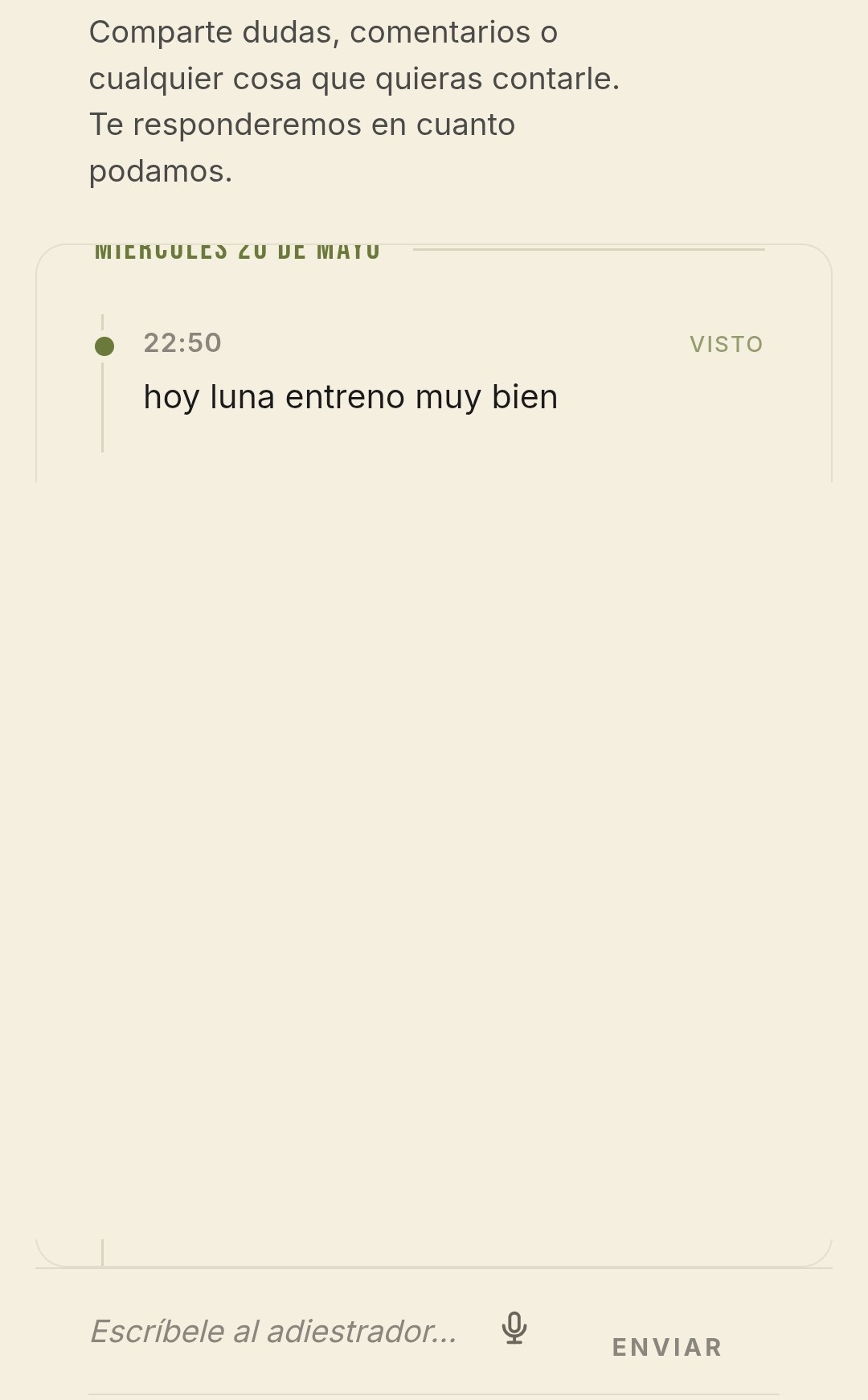 Pantalla de mensajes directos con el adiestrador